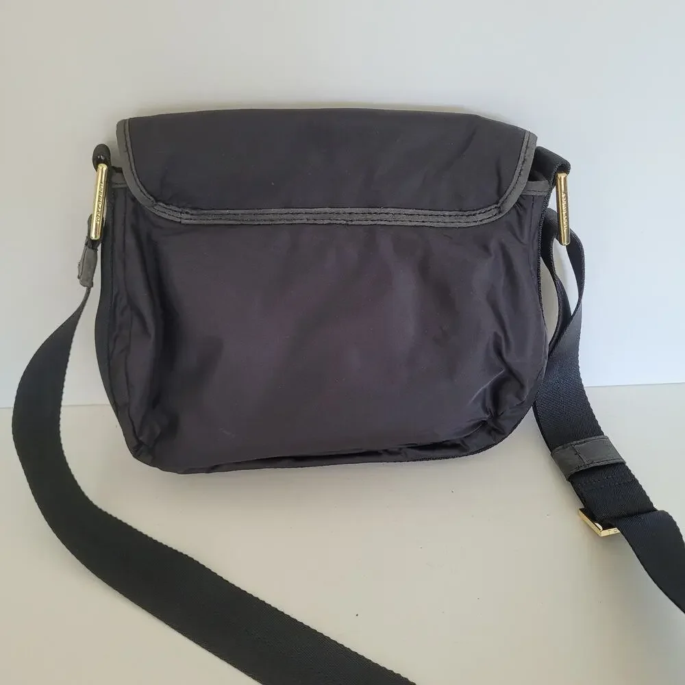 Tory‎ Burch Black Nylon Leather Trim Flap Crossbody Messenger Bag Gold Hardware